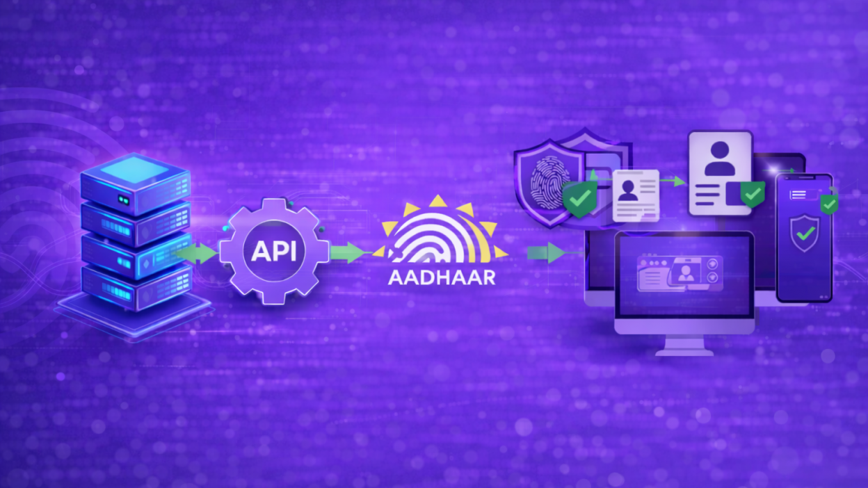 Step-by-step Aadhaar verification API integration flow with server, API, Aadhaar, and user authentication icons on purple background