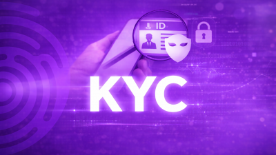 KYC identity verification process illustration with digital ID, lock icon, and purple fintech background.