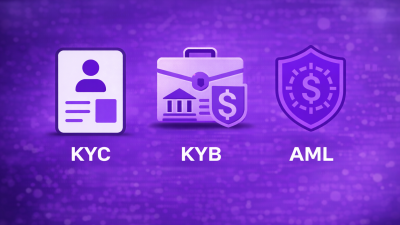 KYC, KYB and AML compliance icons on purple digital background representing identity verification and anti-money laundering processes.
