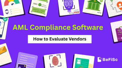 Illustration showing AML compliance software evaluation for fintechs, highlighting vendor assessment, compliance checks, platform integration, and regulatory requirements for selecting the right AML solution.