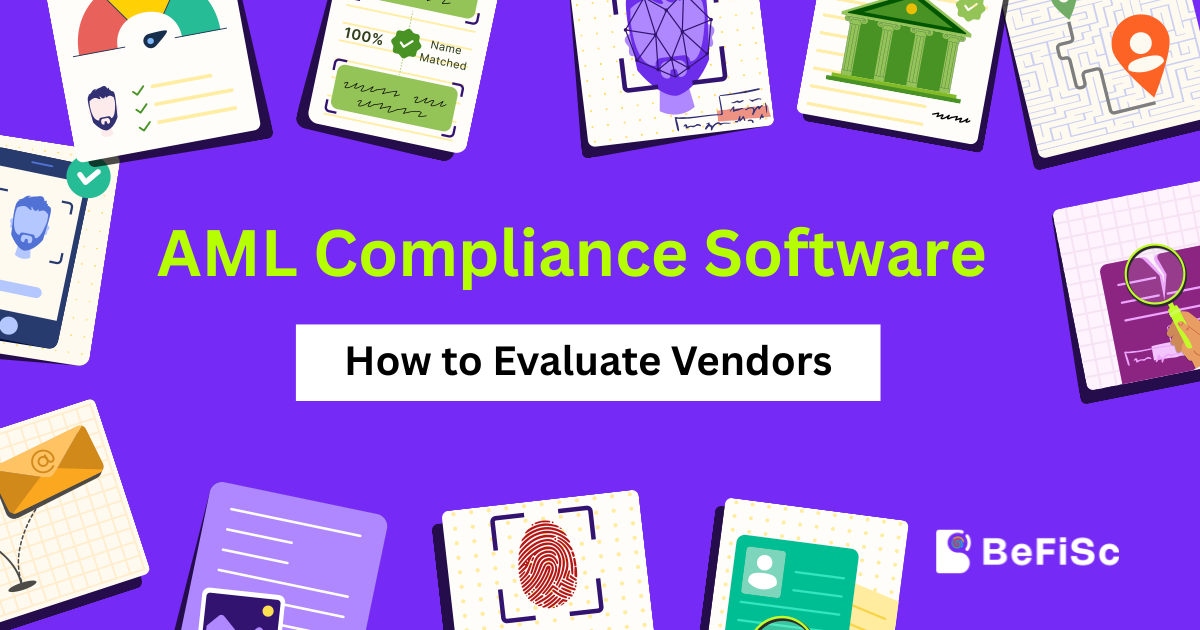 Illustration showing AML compliance software evaluation for fintechs, highlighting vendor assessment, compliance checks, platform integration, and regulatory requirements for selecting the right AML solution.