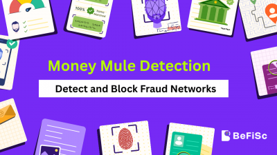 Illustration of money mule detection showing fintech fraud prevention, AML monitoring, mule account identification, and financial crime detection.